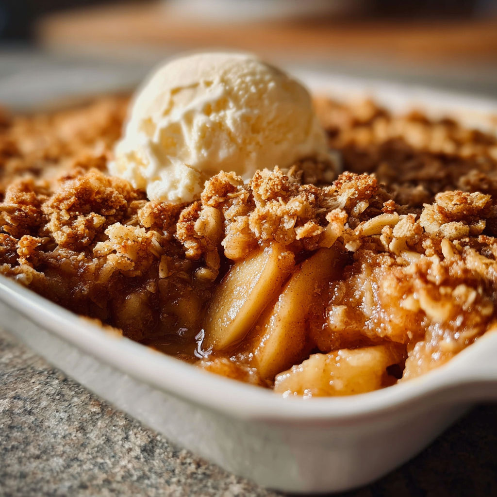 A close up of a dessert with a scoop of ice cream on top.