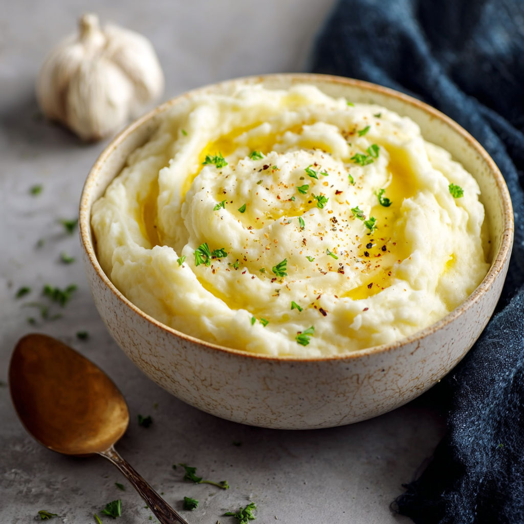 A bowl of mashed potatoes with garlic and herbs.