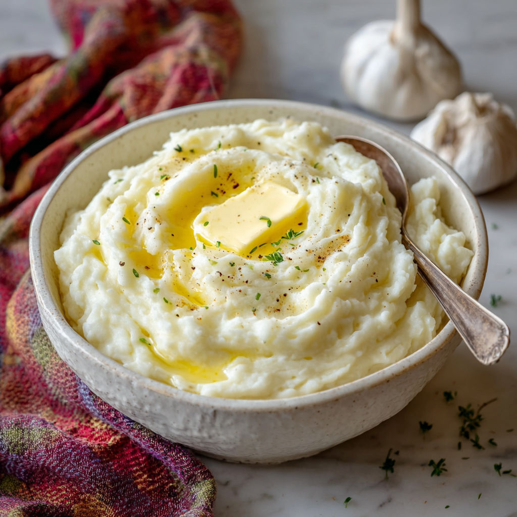 A bowl of mashed potatoes with butter and herbs.