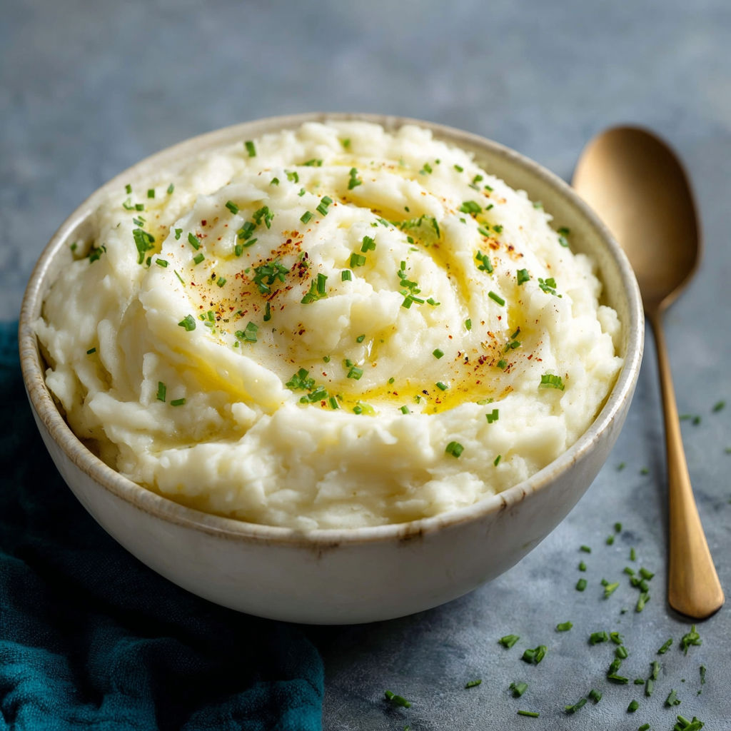 A bowl of mashed potatoes with green herbs on top.
