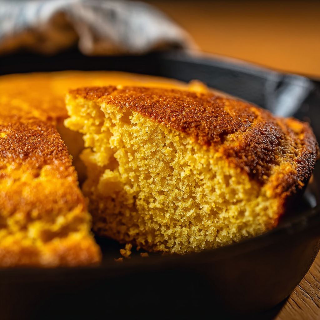 A slice of cornbread in a skillet.