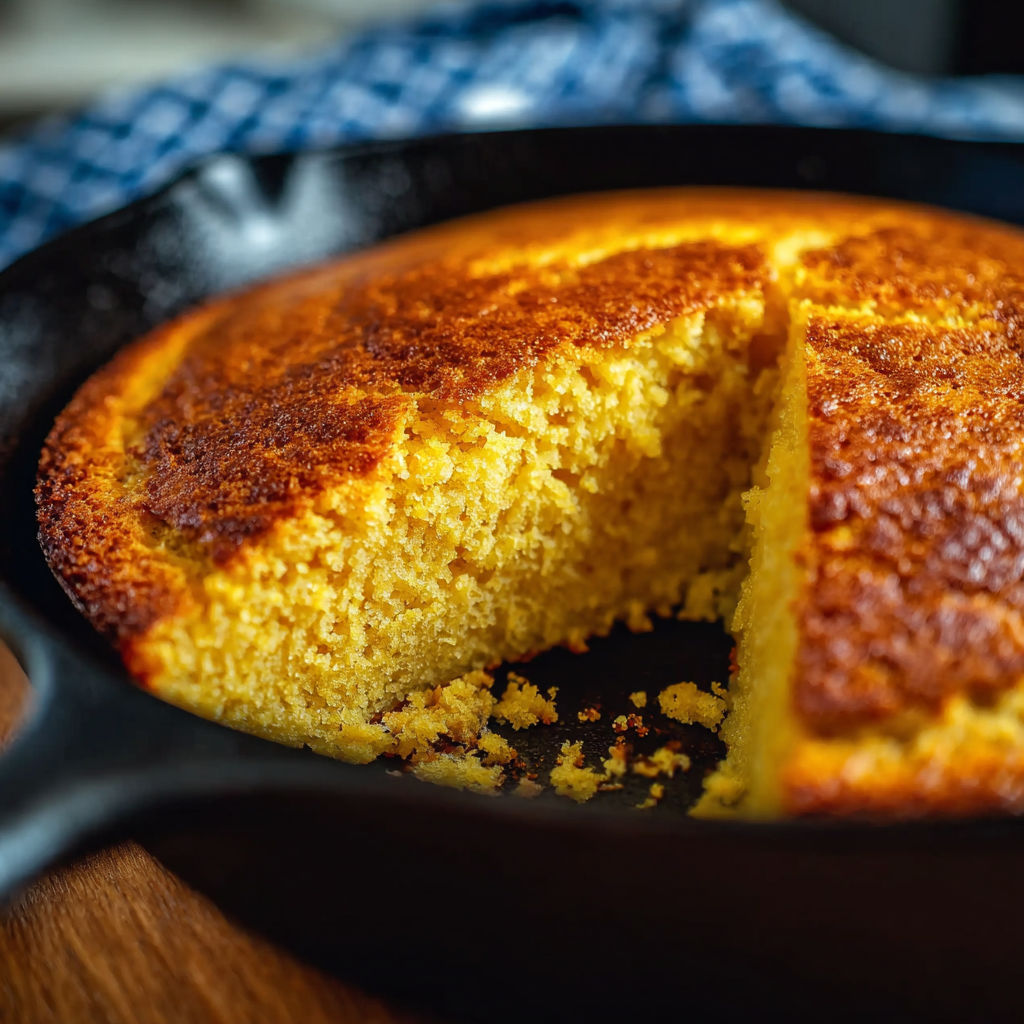A slice of cornbread in a skillet.