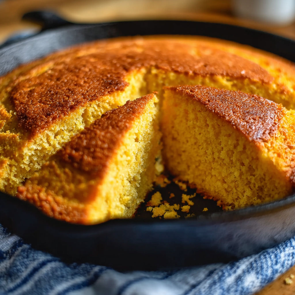 A slice of cornbread in a skillet.