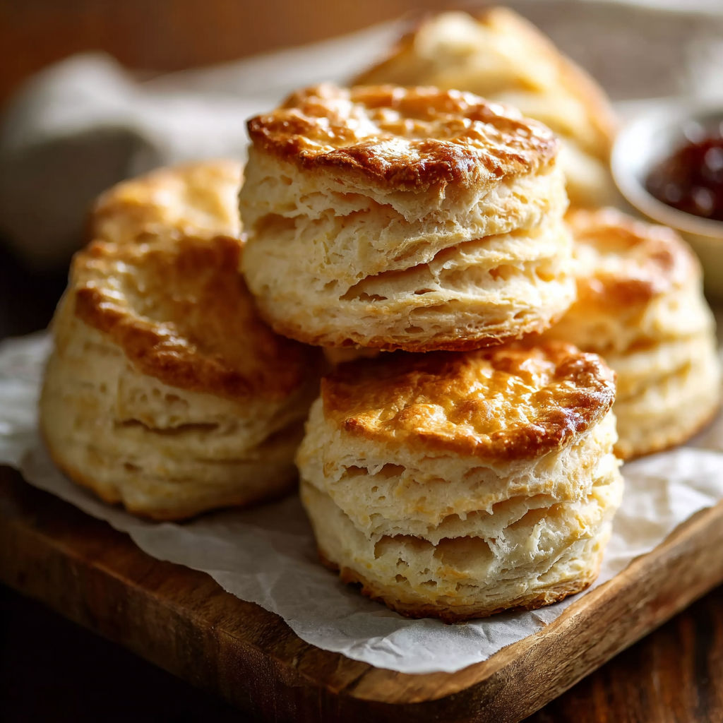 A stack of biscuits on a table.