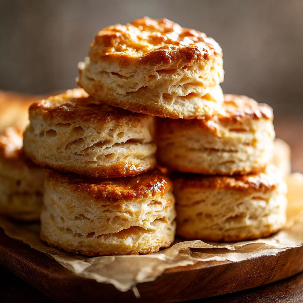 A stack of biscuits on a wooden tray.
