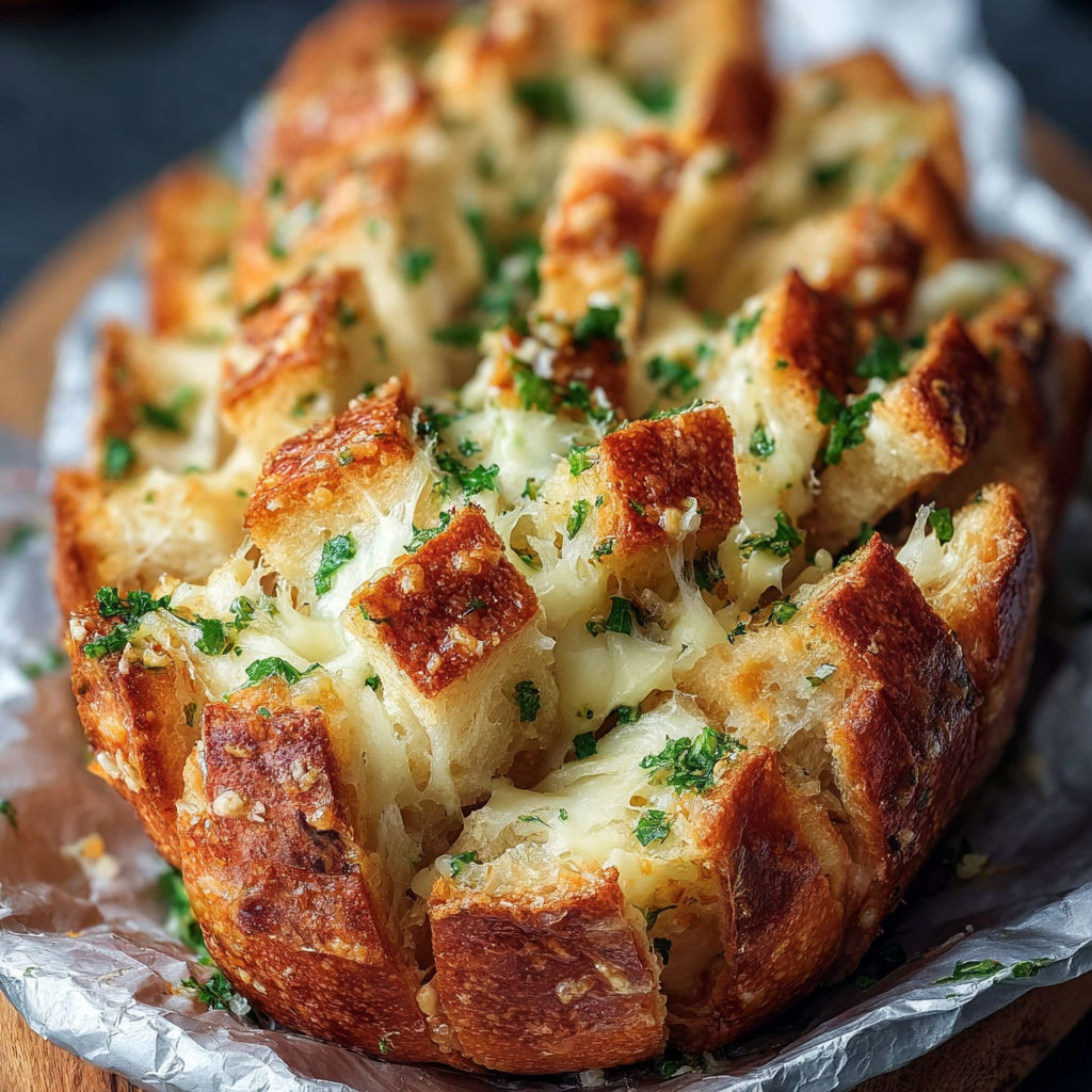 A close up of a baked bread with cheese and herbs.