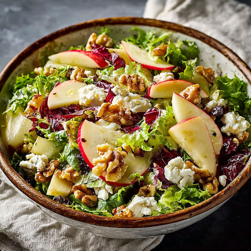 A bowl of crisp and creamy apple walnut salad for cozy fall days.