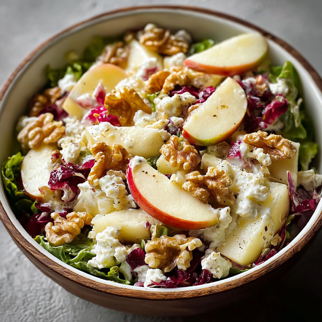 A bowl of salad with apples and walnuts.