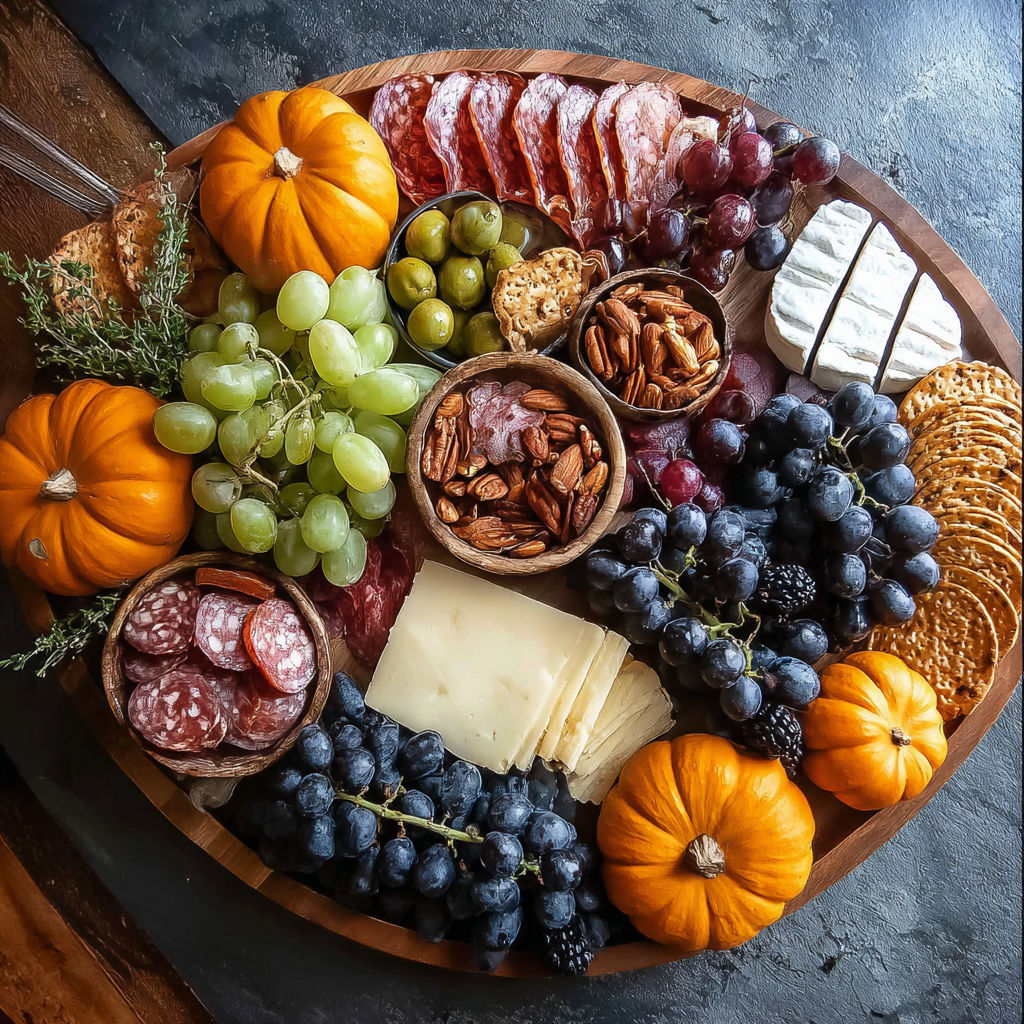 A charcuterie board with a variety of foods including grapes, cheese, crackers, and nuts.