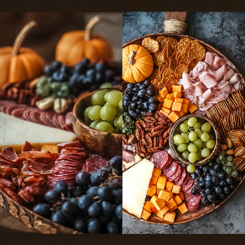 A charcuterie board with a variety of foods.