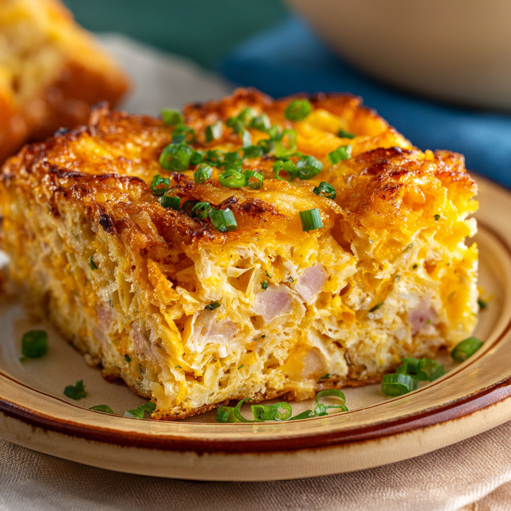 A slice of savory Hawaiian breakfast cake.