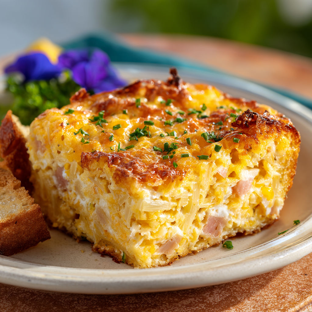A savory Hawaiian breakfast cake on a plate.