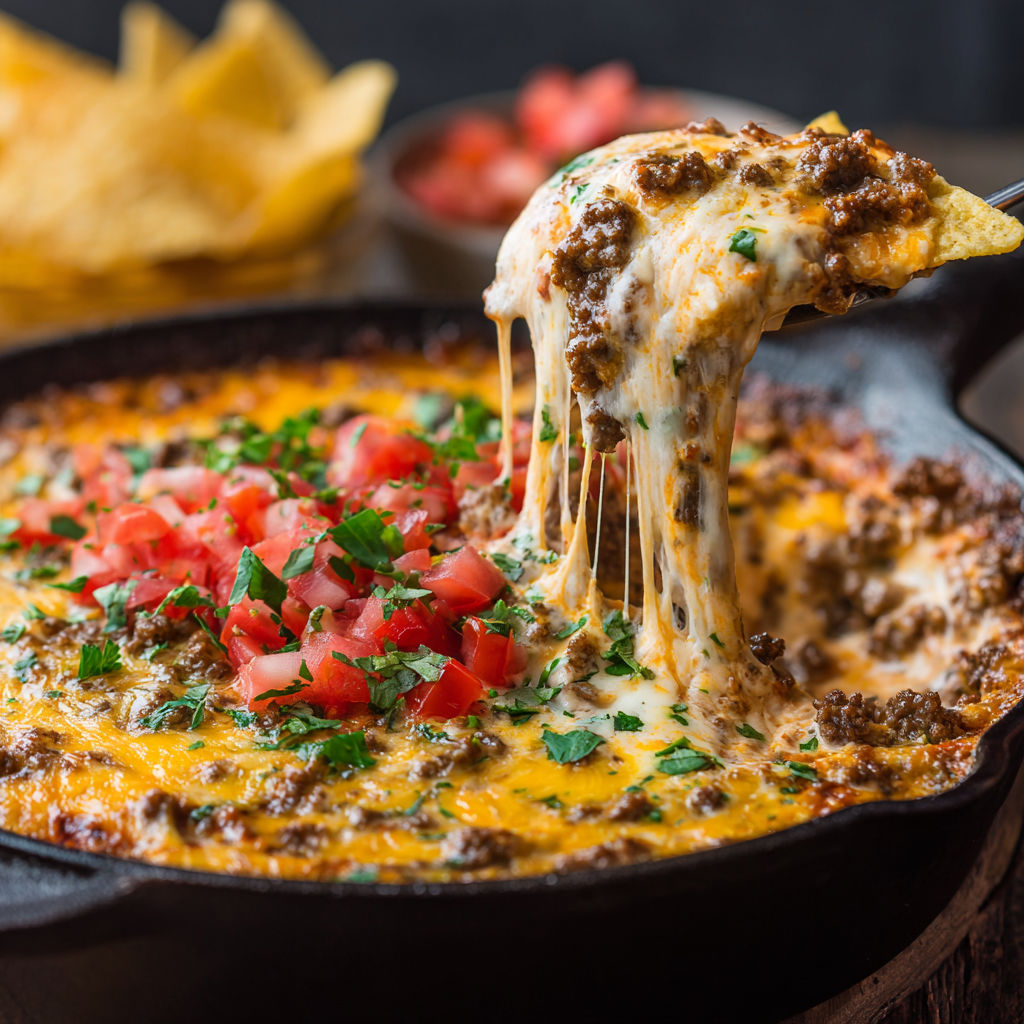 A delicious cheesy dip with ground beef.