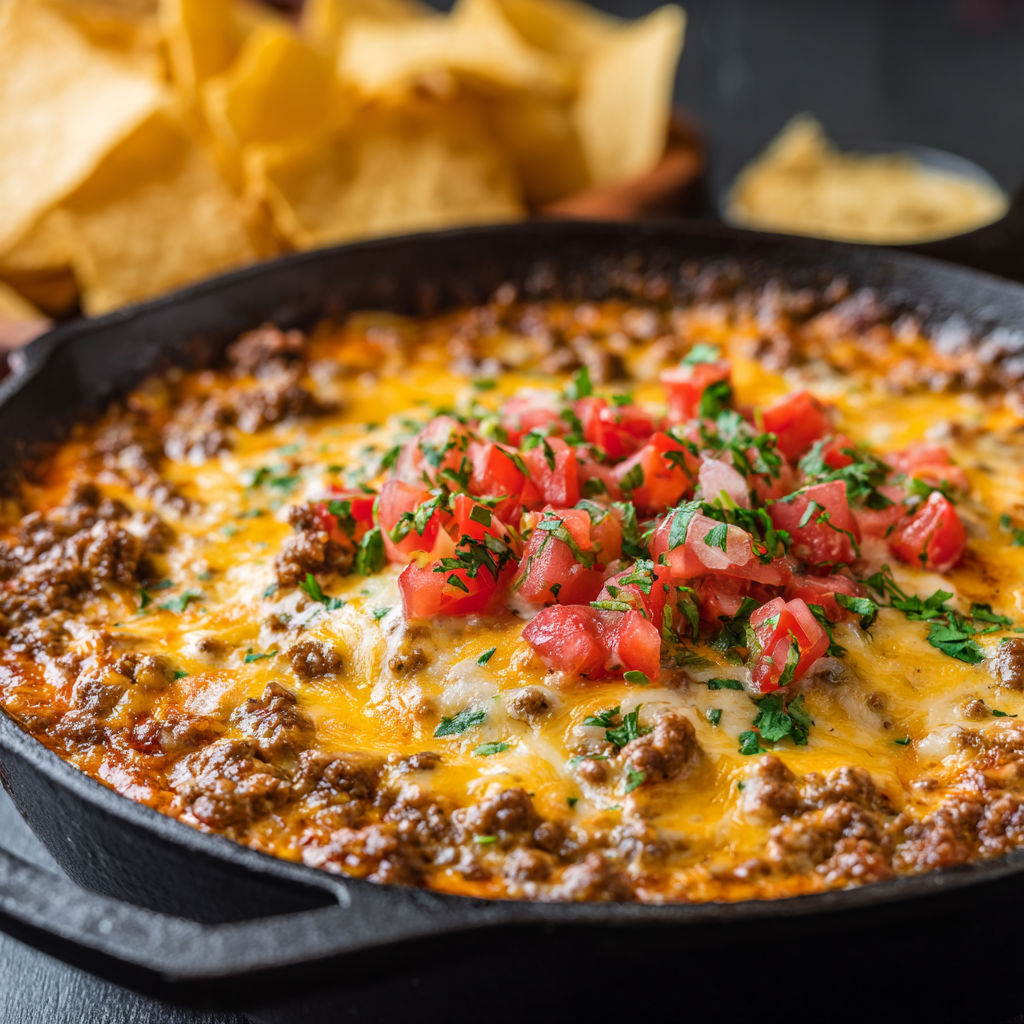 A delicious cheesy beef dip with tomatoes and jalapenos.