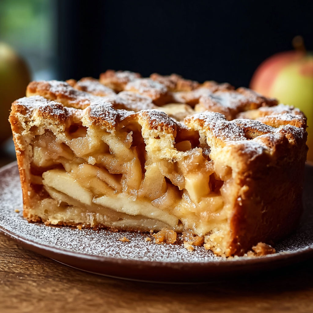 A slice of pie with a powdered sugar topping.