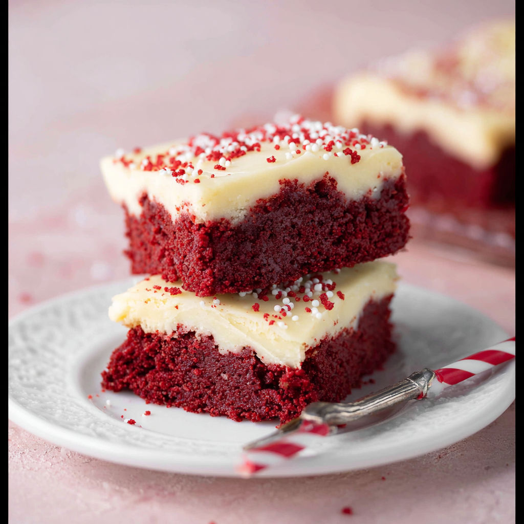 Red velvet cookie bars with white frosting and red sprinkles.