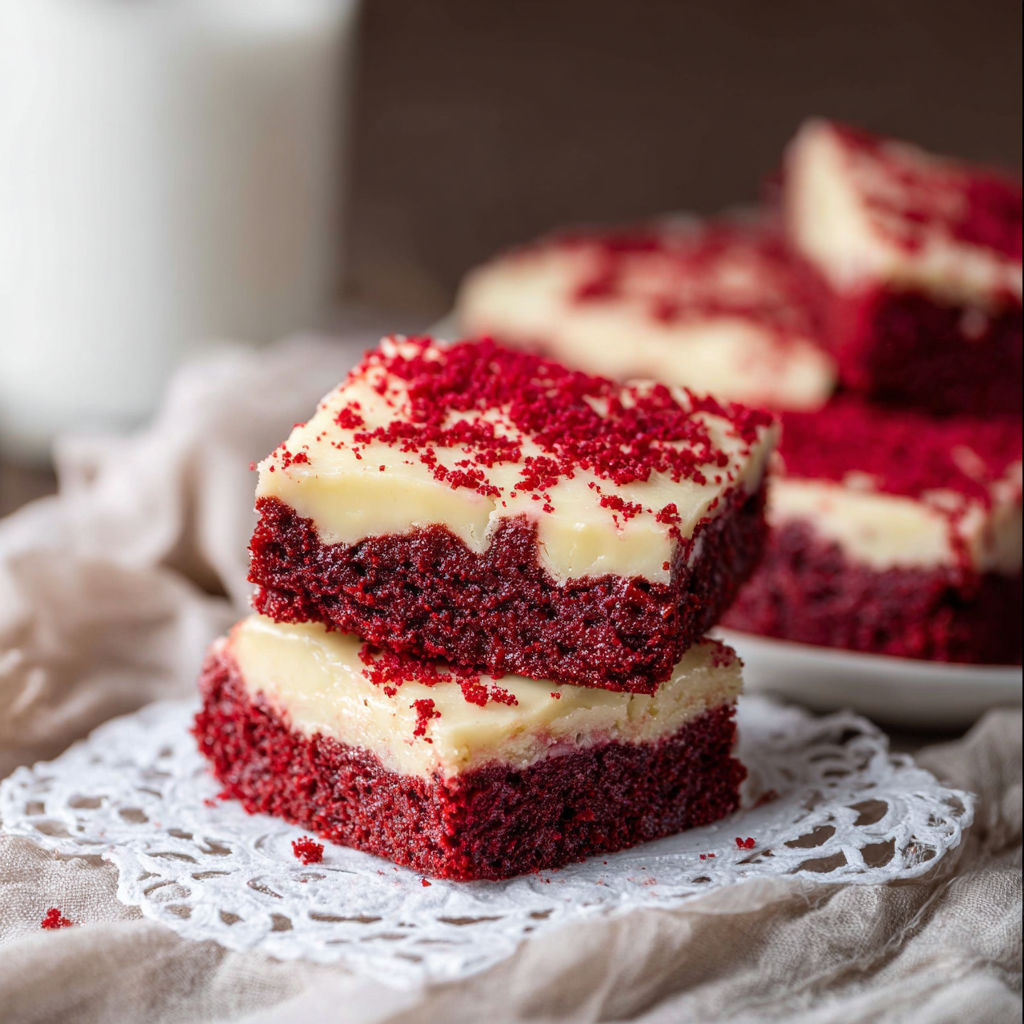 Red velvet cookie bars on a doily.