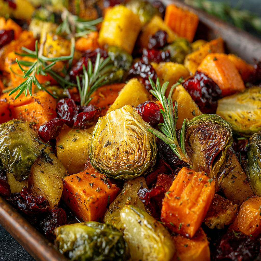 A dish of roasted vegetables with carrots, broccoli, and other vegetables.