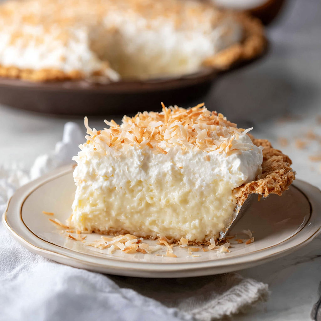 A slice of coconut cream pie on a plate.