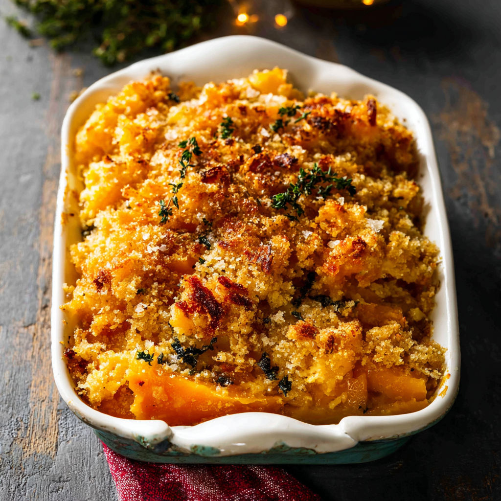 A cheesy butternut squash casserole in a white bowl.