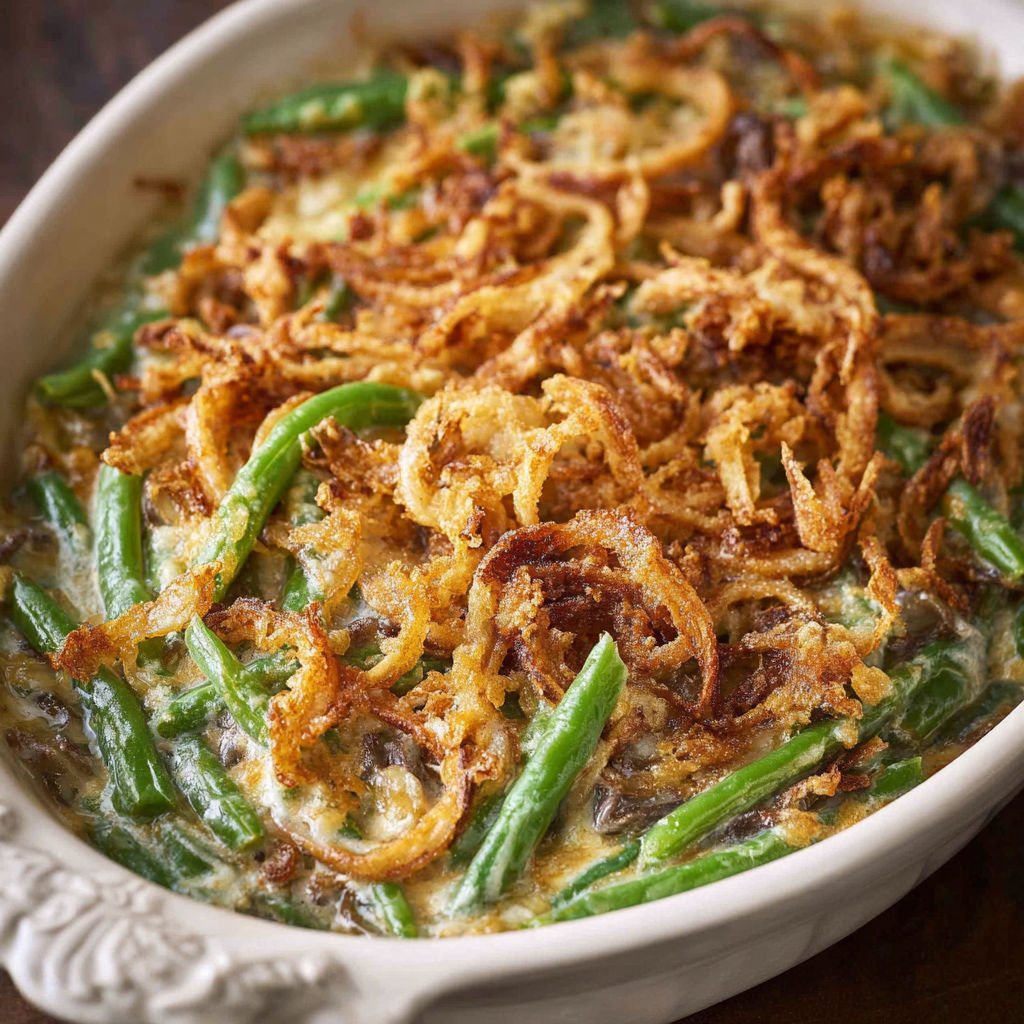 A white bowl filled with a dish containing onions, green beans, and cheese.