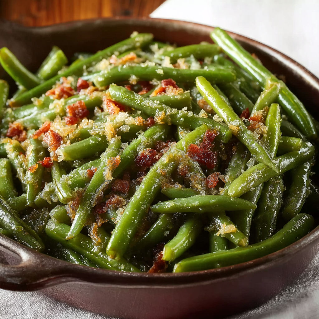 A bowl of green beans with bacon.