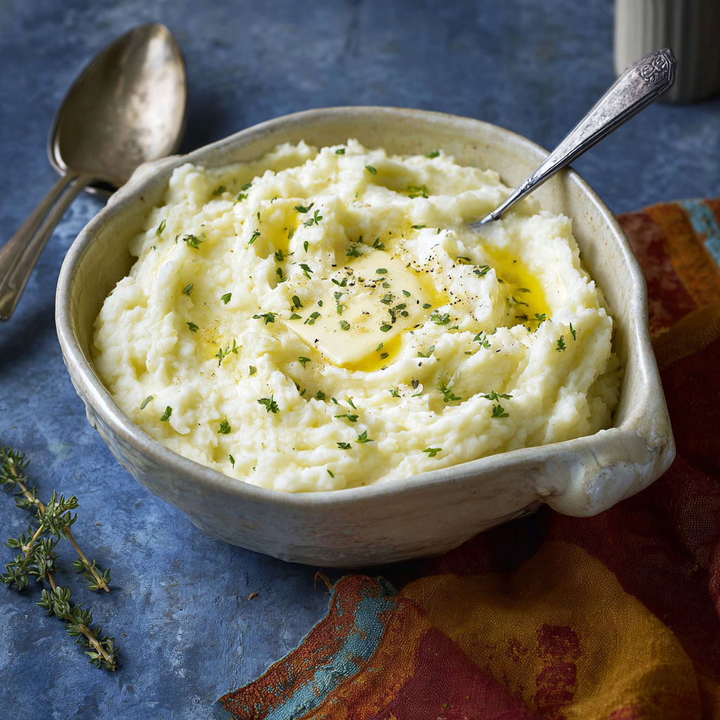 A bowl of creamy mashed potatoes with a spoon in it.