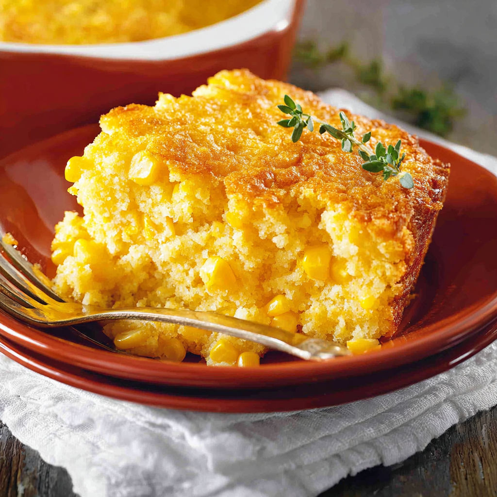 A slice of corn casserole on a plate.