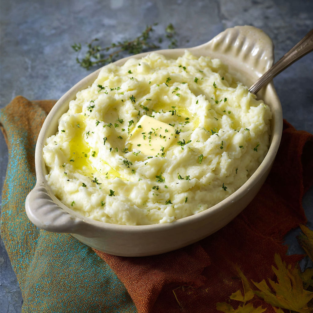 A bowl of mashed potatoes with a spoon in it.