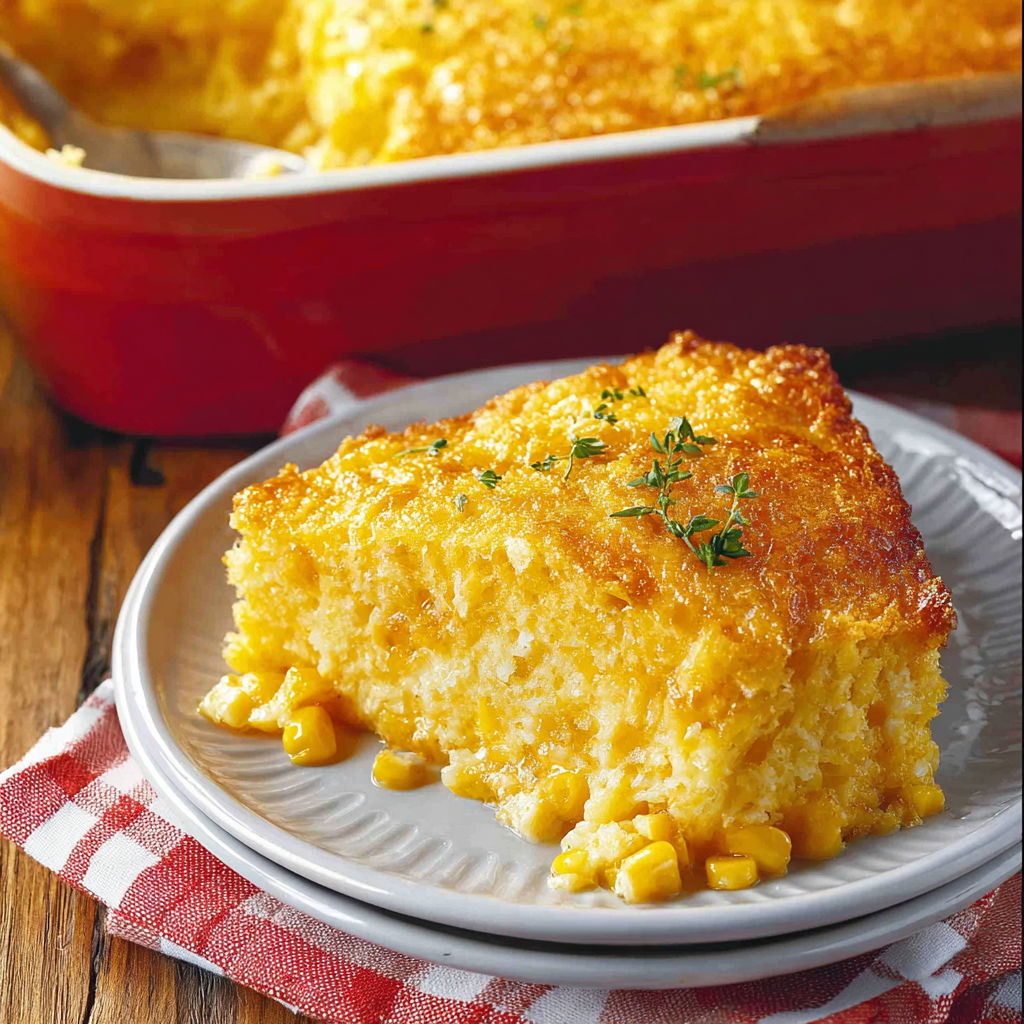 A white plate with a piece of corn casserole on it.