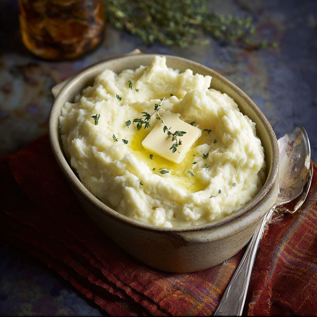 A bowl of mashed potatoes with butter on top.
