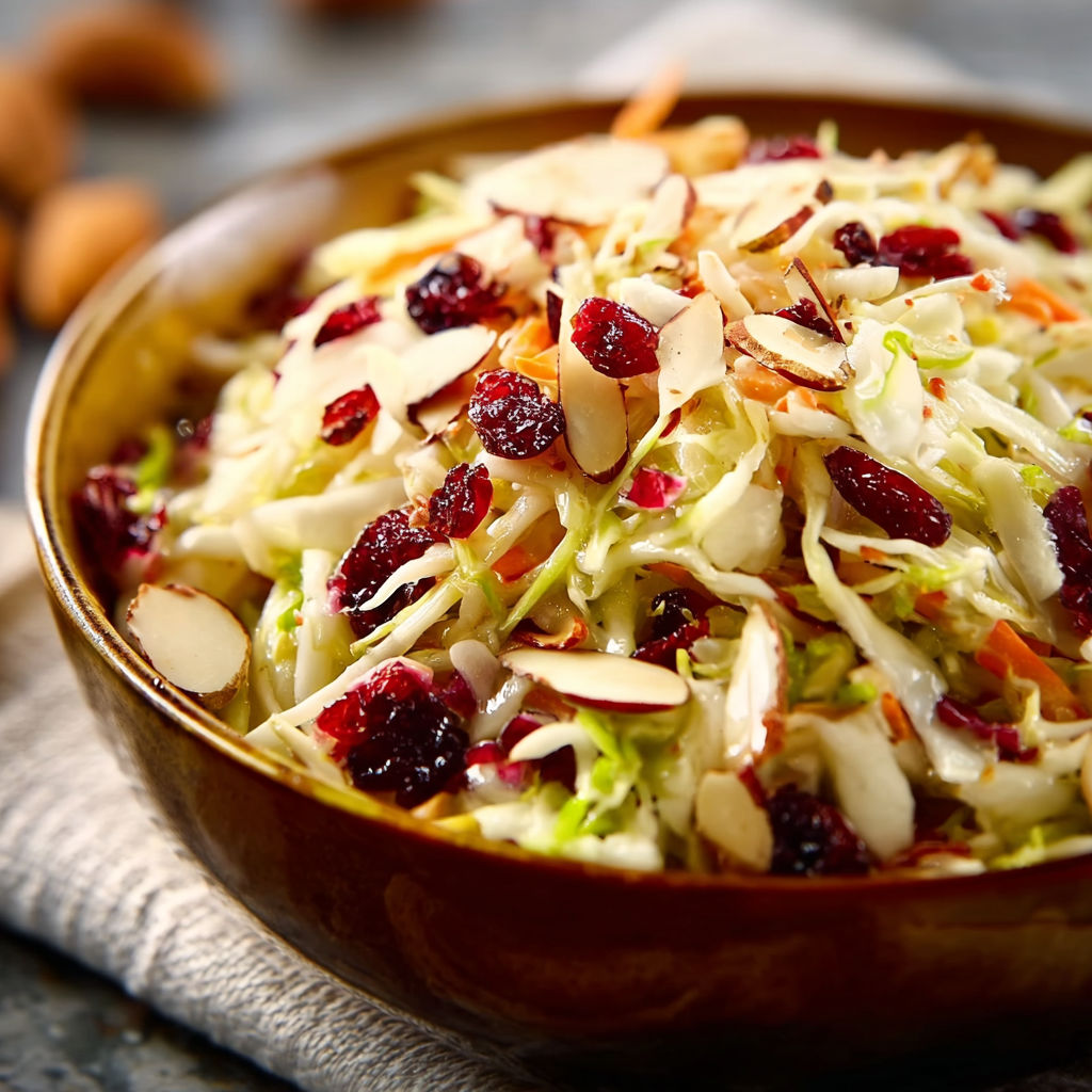 A bowl of Cranberry Almond Thanksgiving Slaw.