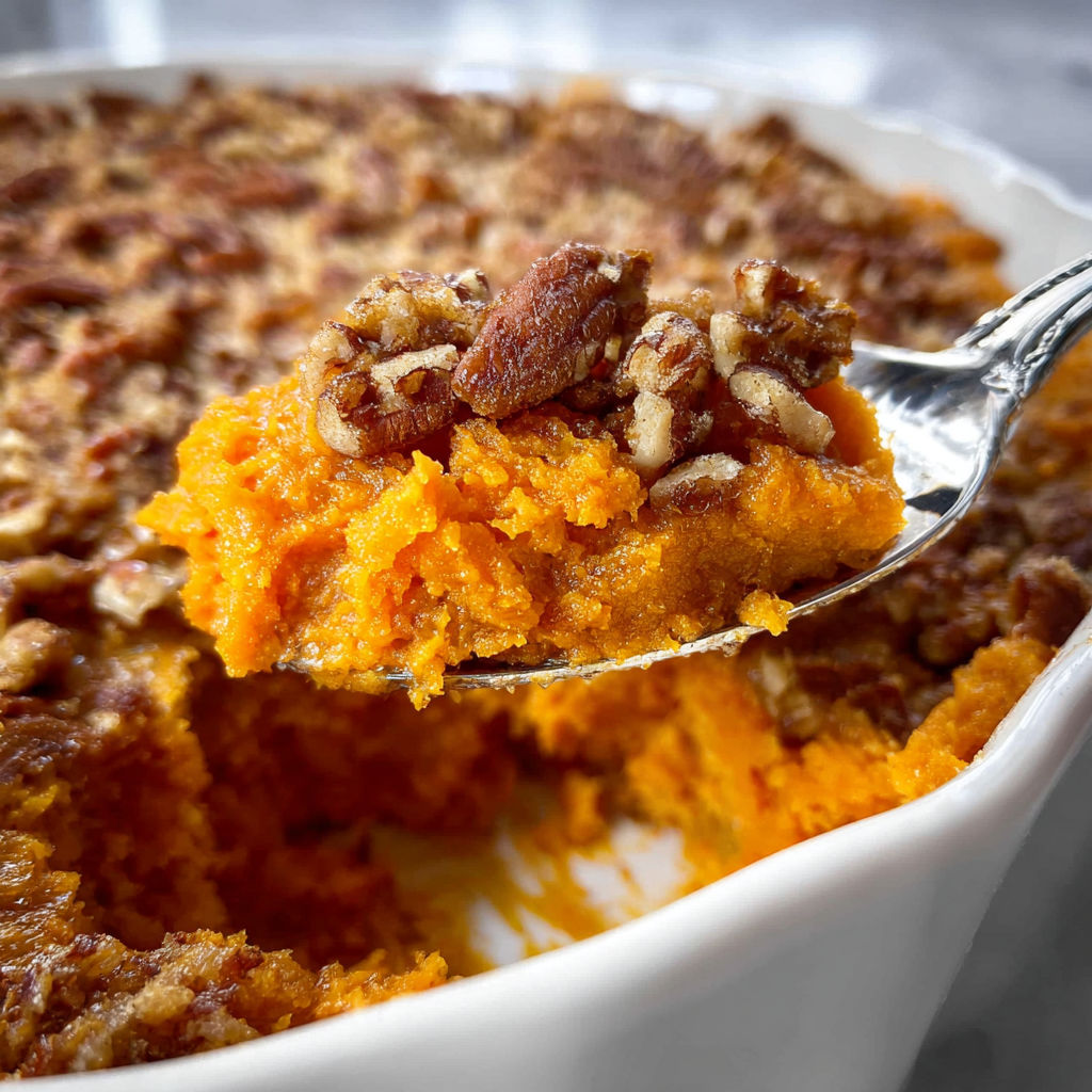 A spoon is in a bowl of sweet potato casserole.