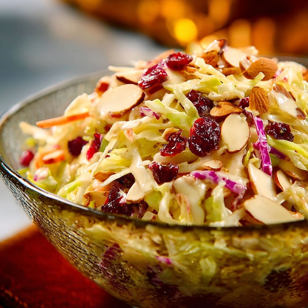 A bowl of coleslaw with nuts and raisins.