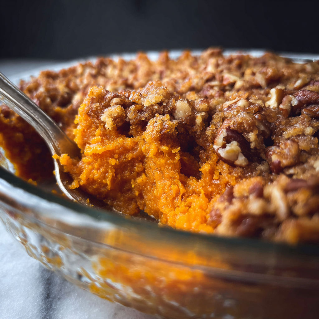 A bowl of sweet potato casserole.