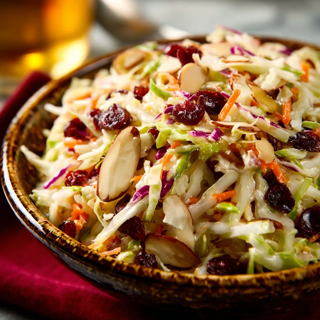 A bowl of coleslaw with nuts and raisins.
