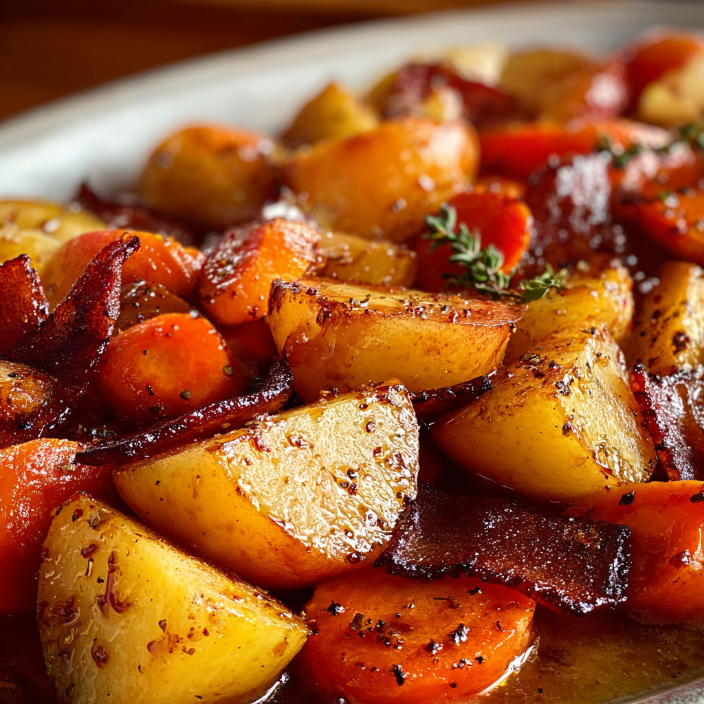 A plate of roasted apples and carrots.