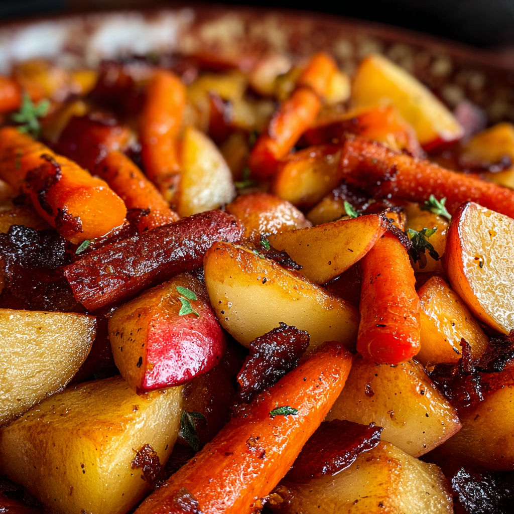 A close up of a dish with carrots and apples.
