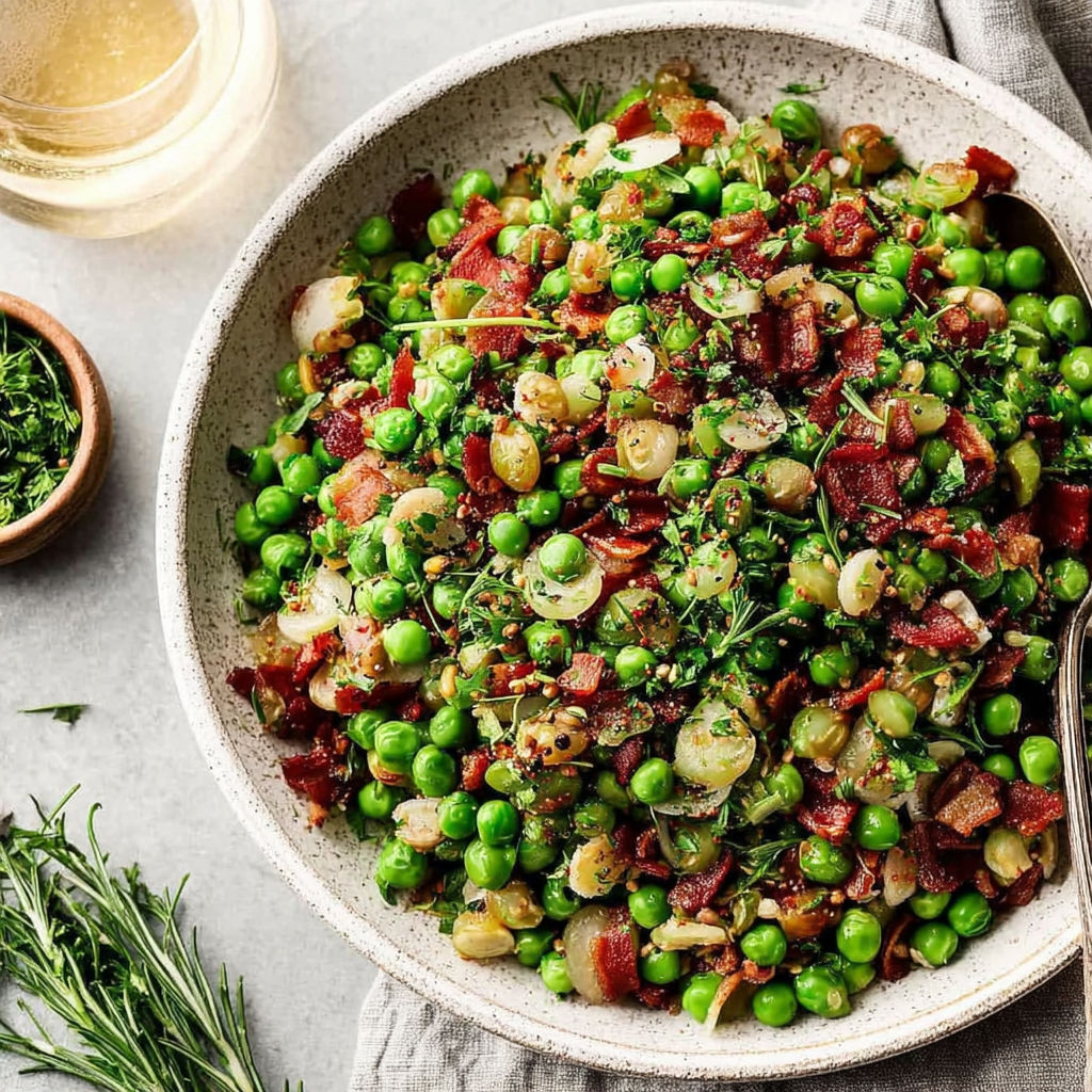 A bowl of Thanksgiving Peas with pear and pancetta.