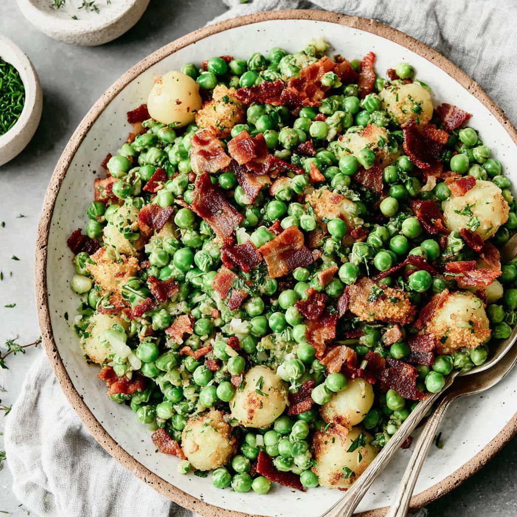 A bowl of food with peas, potatoes, and bacon.