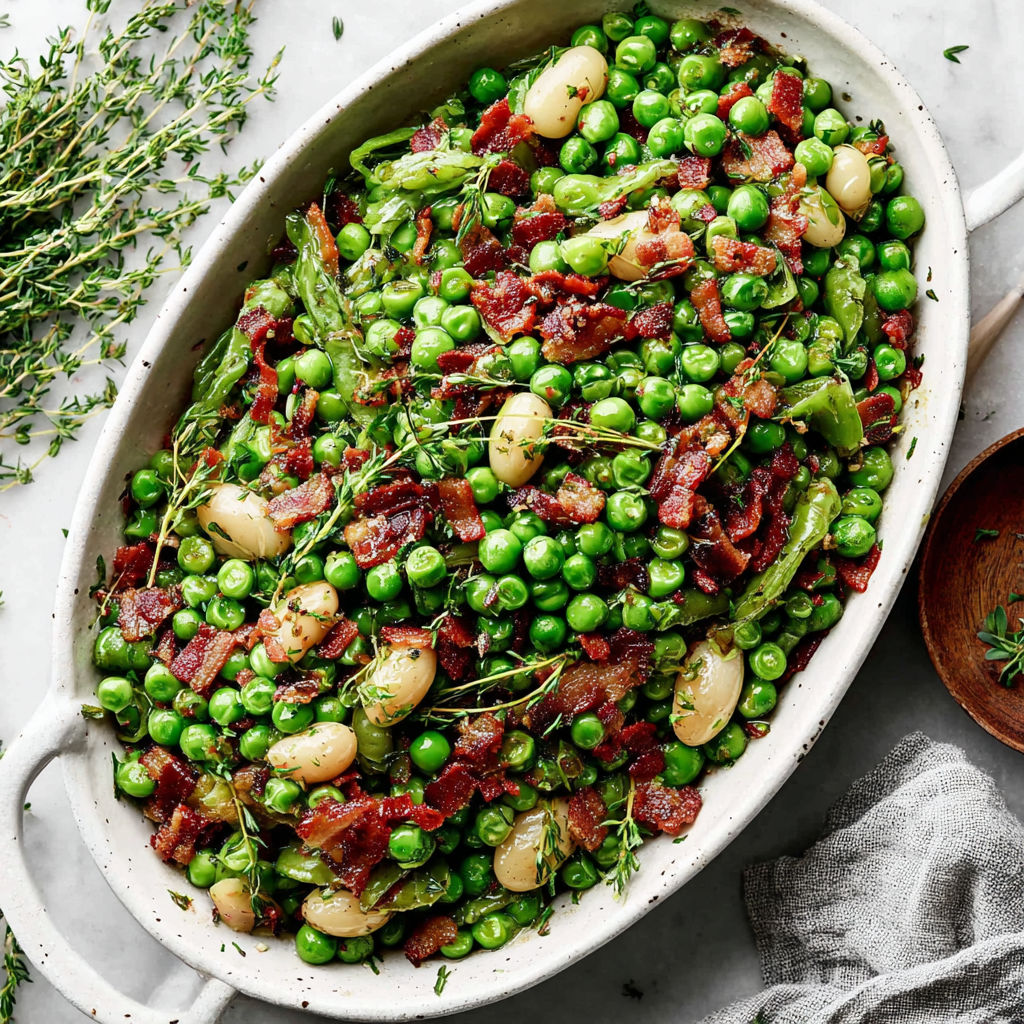 A bowl of food with peas, potatoes, and bacon.