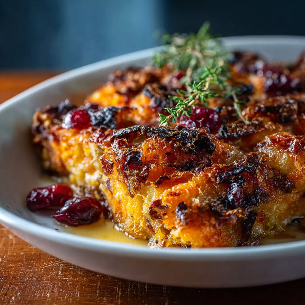 A plate of food with a garnish of cranberries and rosemary.