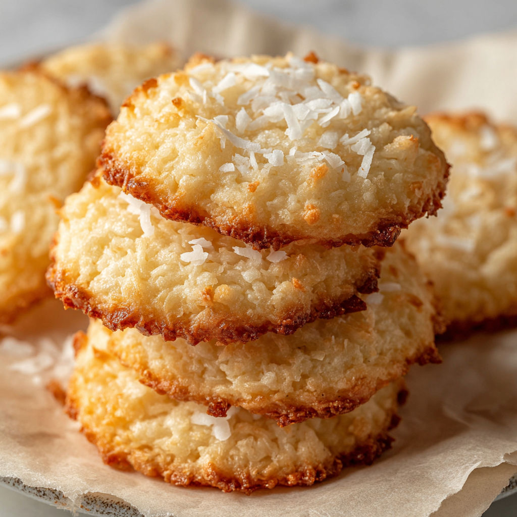 A stack of white cookies with coconut on top.