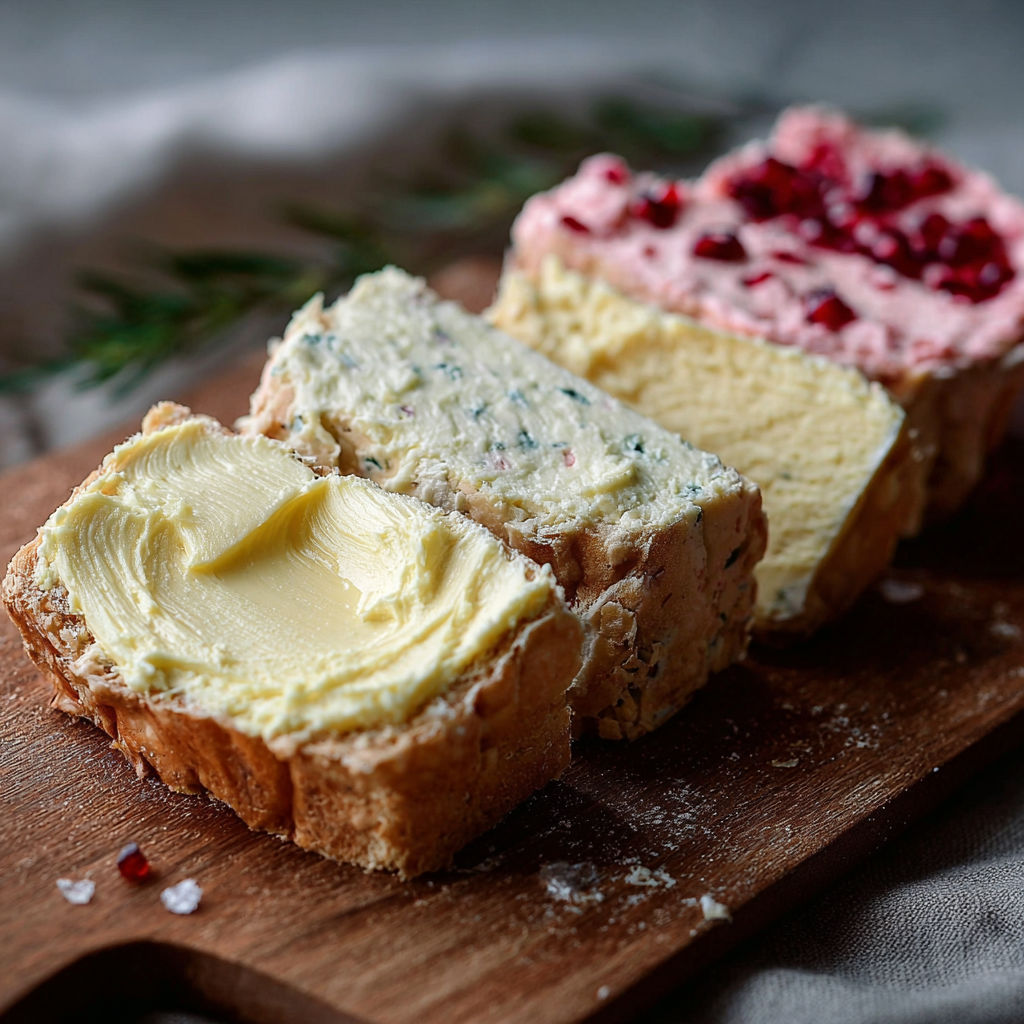 A wooden cutting board with three slices of bread and butter.