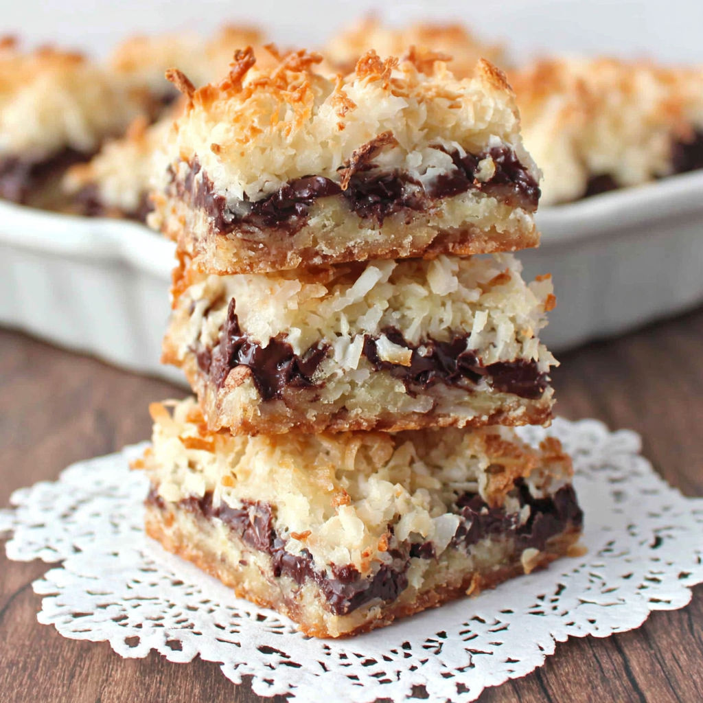 Three pieces of chocolate coconut bars.