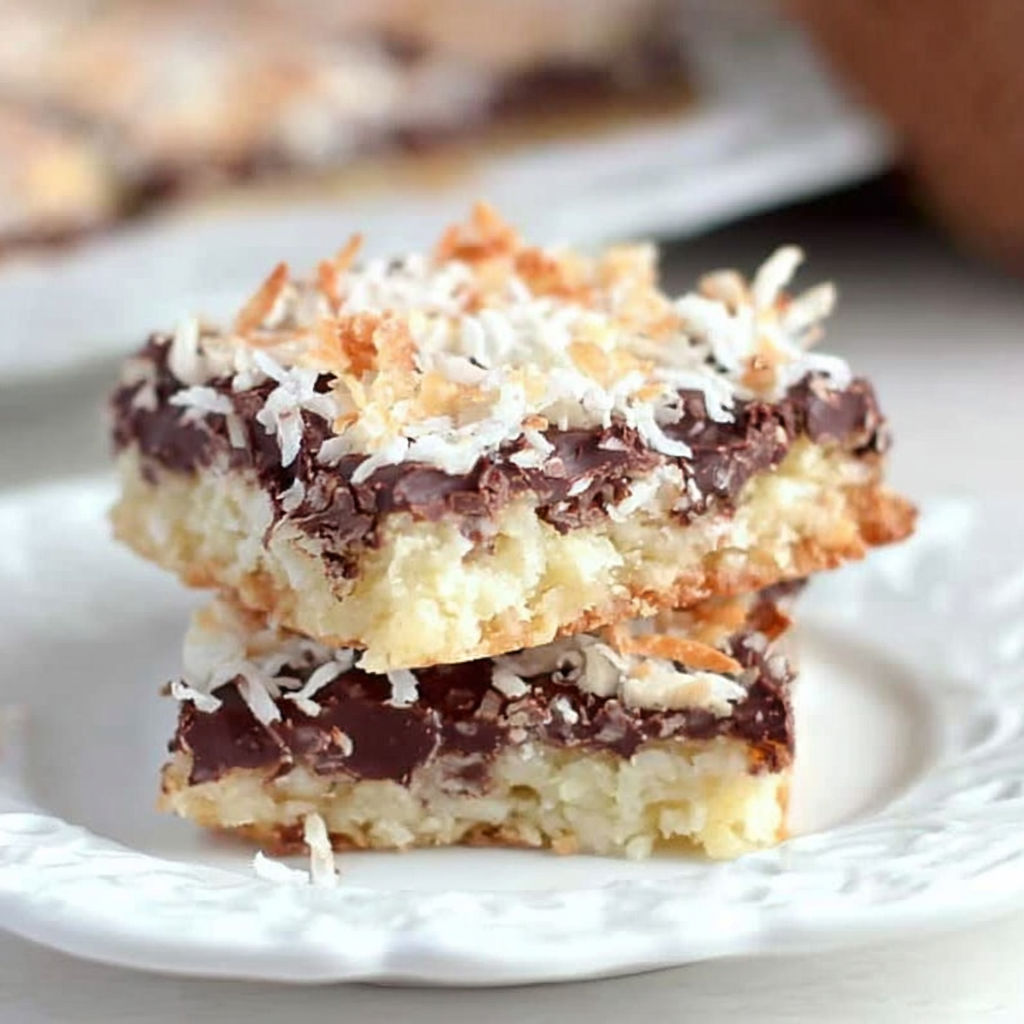 A plate with two pieces of chocolate coconut bars.