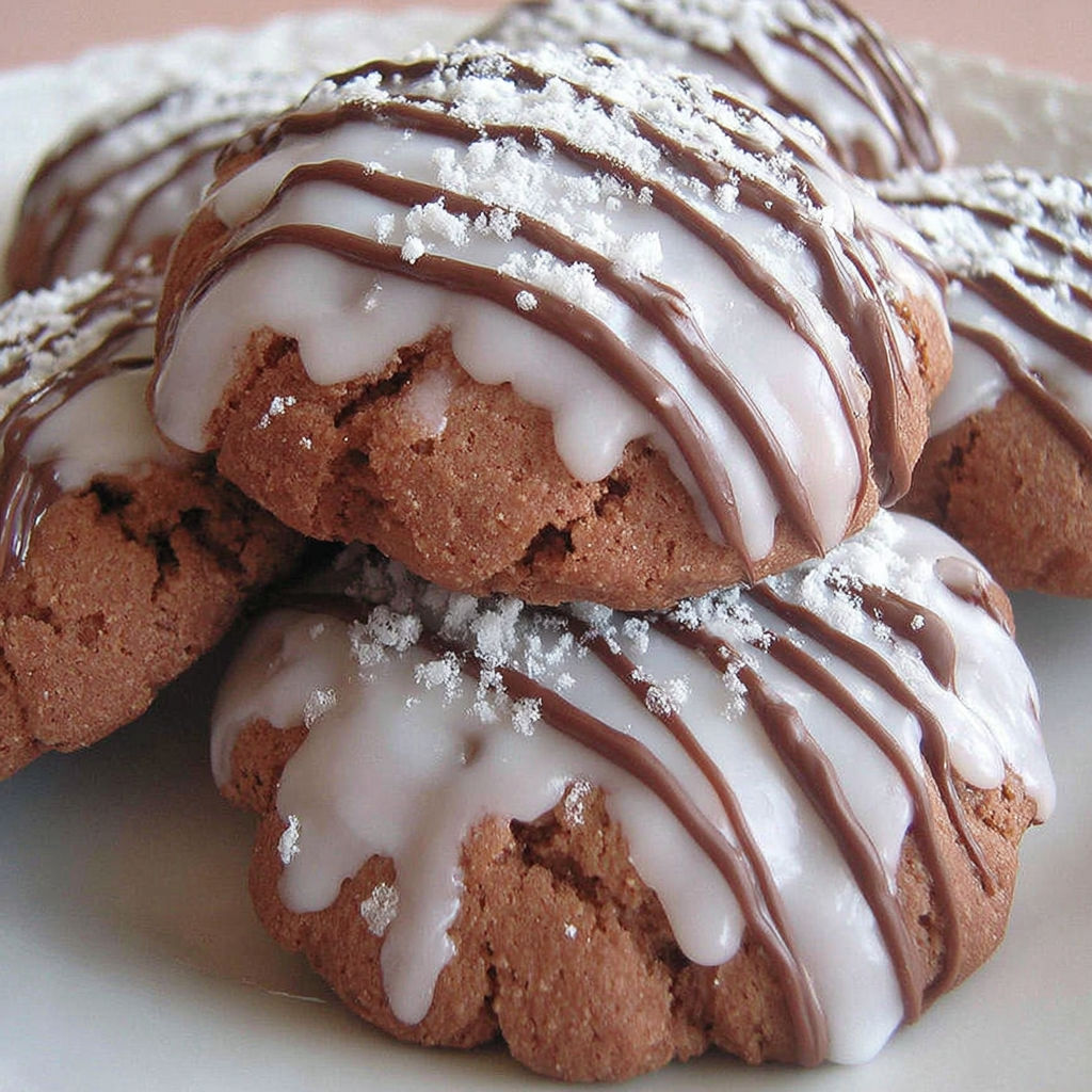 A plate of cookies with white icing and chocolate stripes.