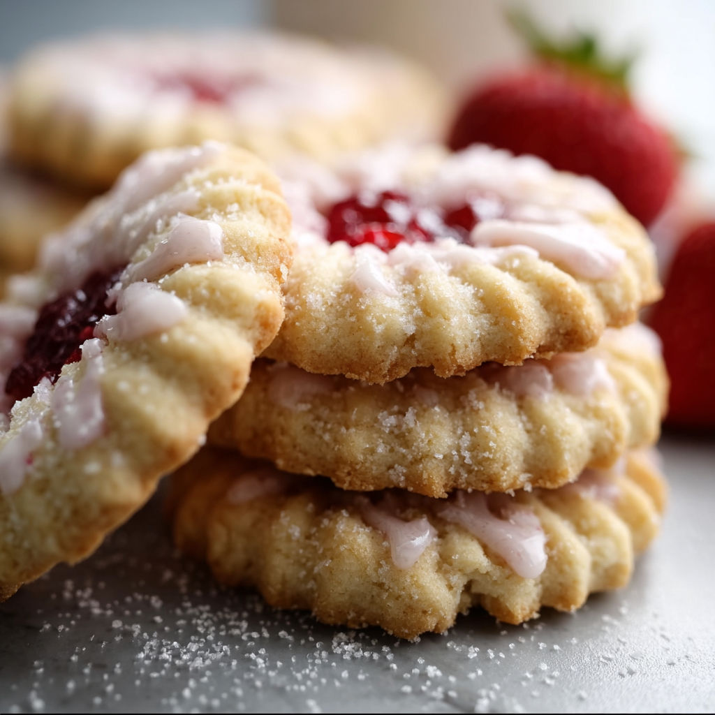 A stack of cookies with strawberry jam on top.