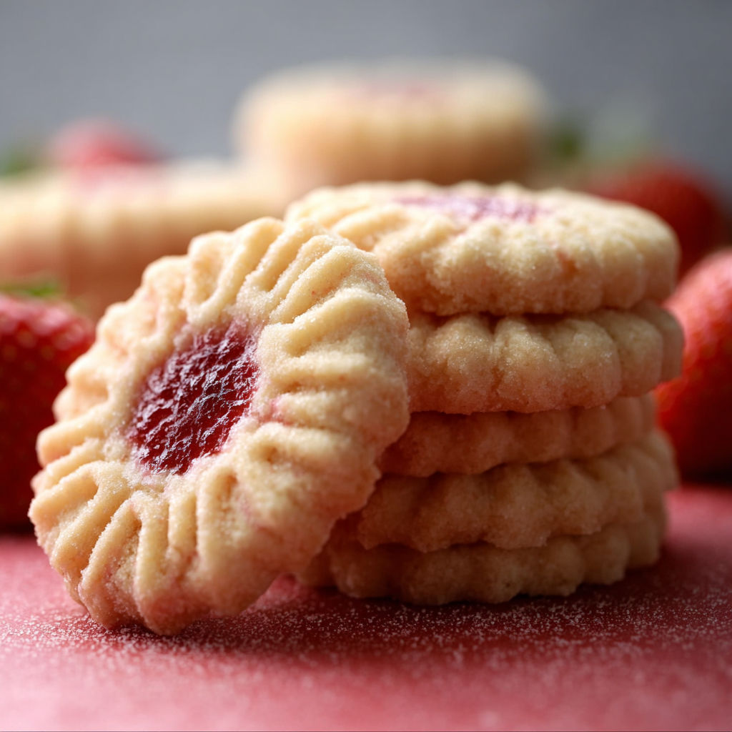 A stack of cookies with strawberries on top.