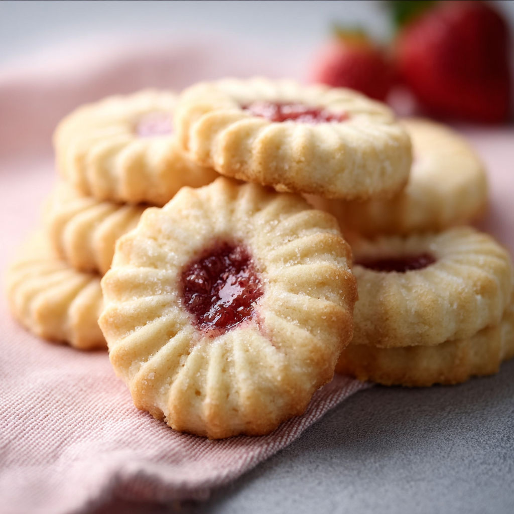 A stack of cookies with jam in the middle.